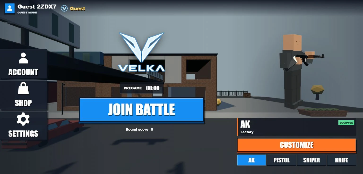 Velga guest lobby with Join Battle in the center and AK, Pistol, Sniper and Knife loadout choices on the right.