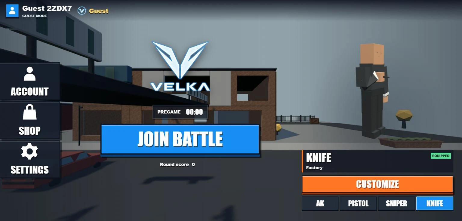 Velga alpha lobby showing the player holding a combat knife against the Maple Junction streets.