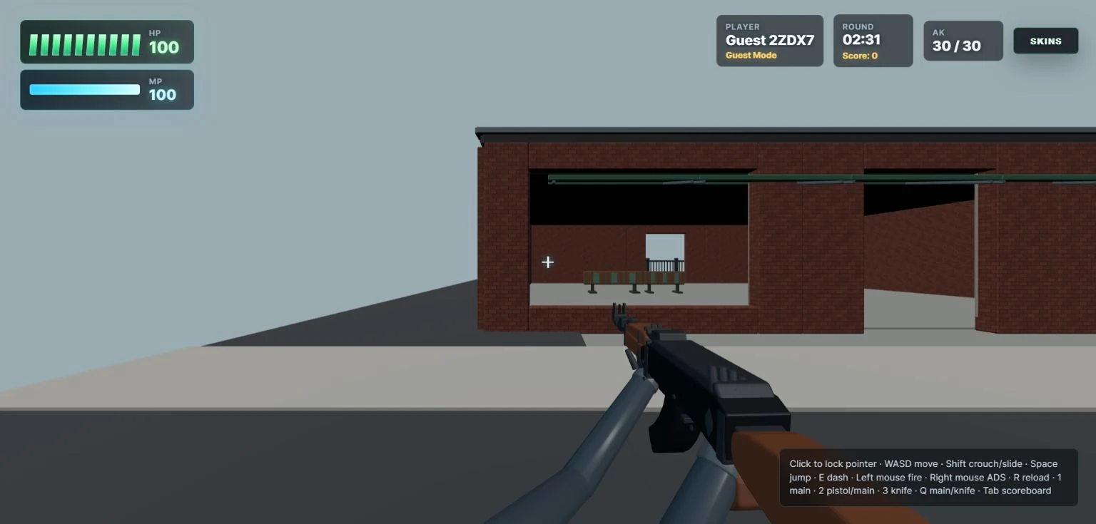 An AK in first-person view on a Maple Junction street during the Velga alpha.