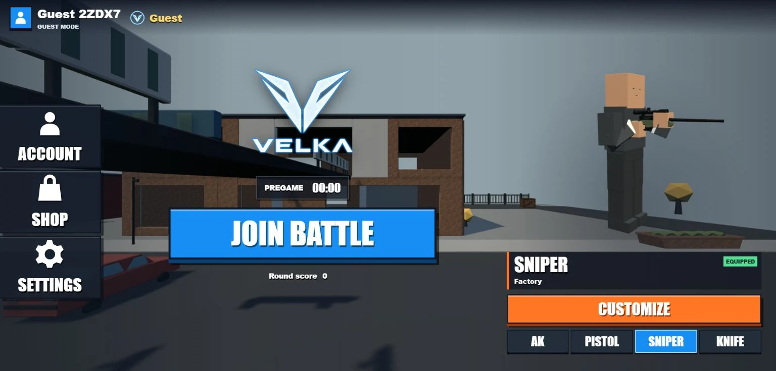 Velga alpha lobby with a block-style player holding the Factory Sniper beside Join Battle.